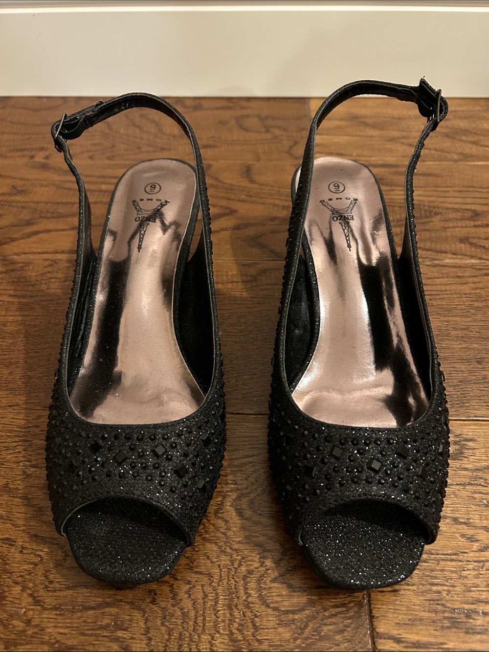 Women's Black Embellished Slingback Peep-Toe Heels